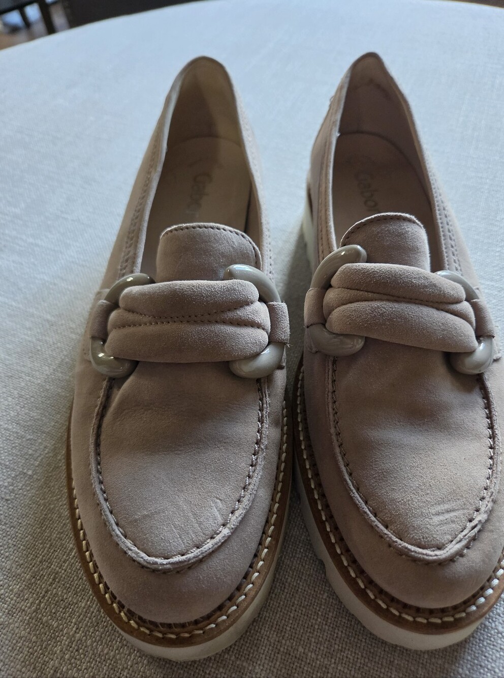 Gabor Suede Loafers with Chain-Link Accent in Taupe